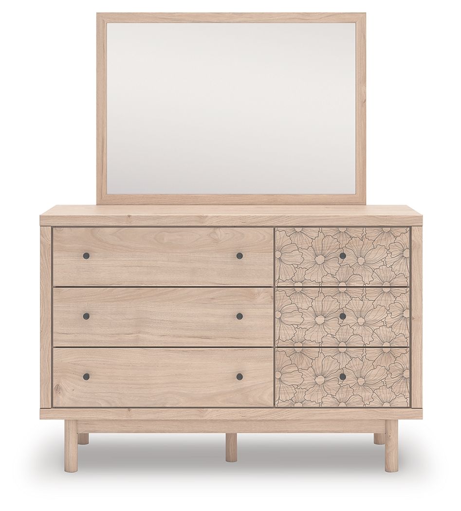 Arloster - 4 Pc. - Full Panel Storage Bed, Dresser, Mirror And Nightstand - Tan - Schleider Furniture & Mattress Company 