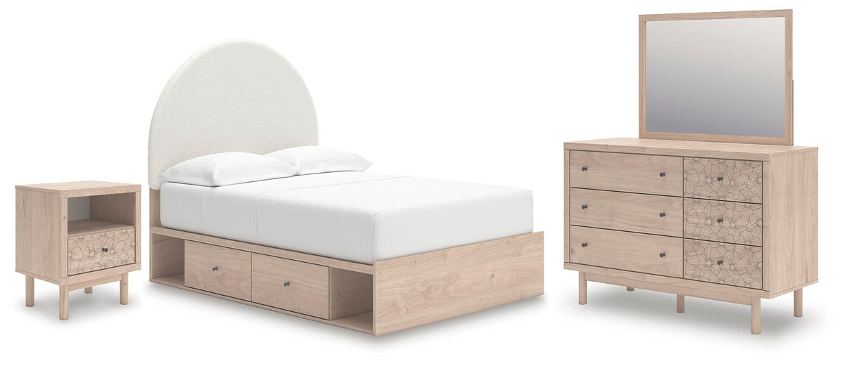 Arloster - 4 Pc. - Full Panel Storage Bed, Dresser, Mirror And Nightstand - Tan - Schleider Furniture & Mattress Company 