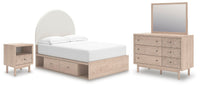 Arloster - 4 Pc. - Full Panel Storage Bed, Dresser, Mirror And Nightstand - Tan - Schleider Furniture & Mattress Company 
