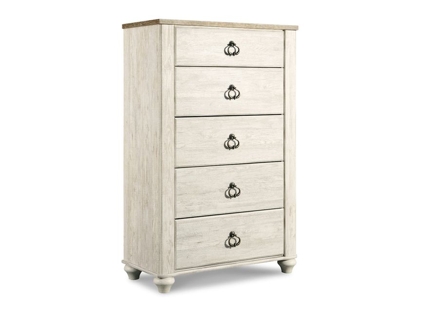 White Ashley Willowton dresser with five drawers and decorative handles on a white background