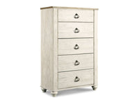 White Ashley Willowton dresser with five drawers and decorative handles on a white background