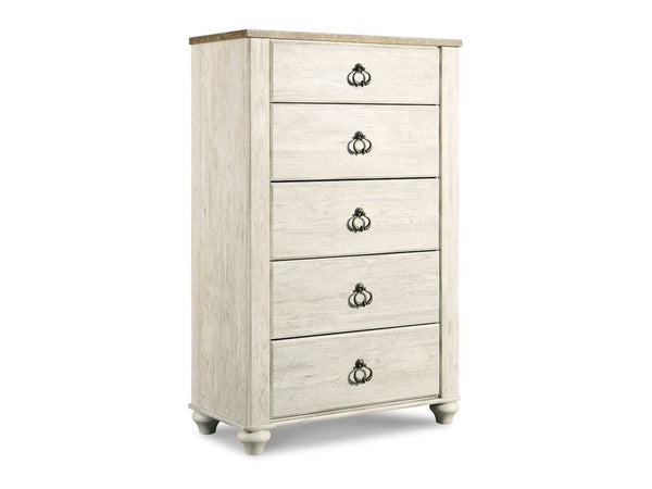 White Ashley Willowton dresser with five drawers and decorative handles on a white background