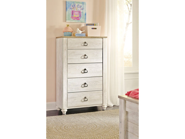 White Ashley Willowton chest of drawers with five drawers in a room setting