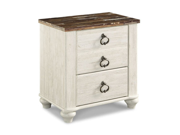 Two-drawer Ashley Willowton nightstand with a white base and brown top on a white background