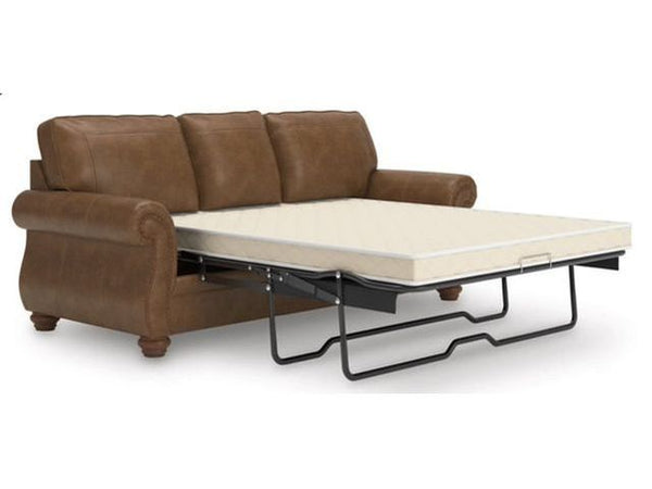 Ashley Chasemore faux leather sofa bed with a pull-out mechanism on a white background.