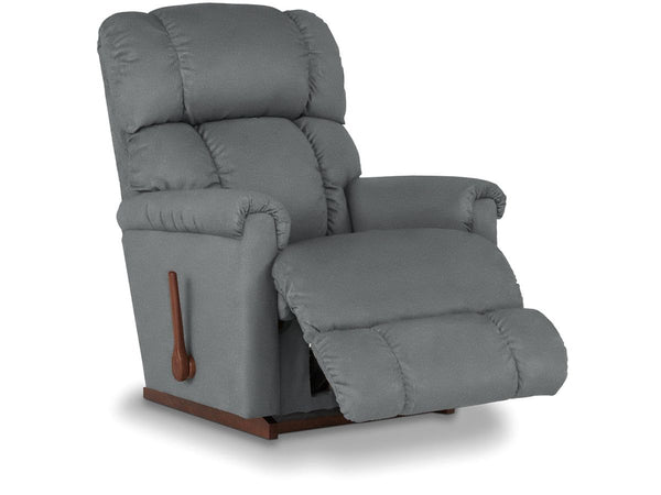 Gray recliner chair with padded armrests on a white background
