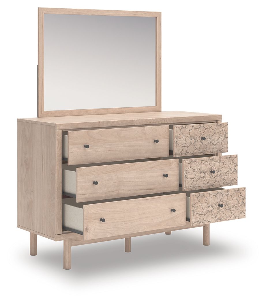 Arloster - 4 Pc. - Full Panel Storage Bed, Dresser, Mirror And Nightstand - Tan - Schleider Furniture & Mattress Company 