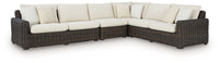 Kimora - 7 Pc. - 4-Piece Outdoor Sectional, Swivel Glider Lounge, Cocktail Table, End Table - Beige / Dark Brown
